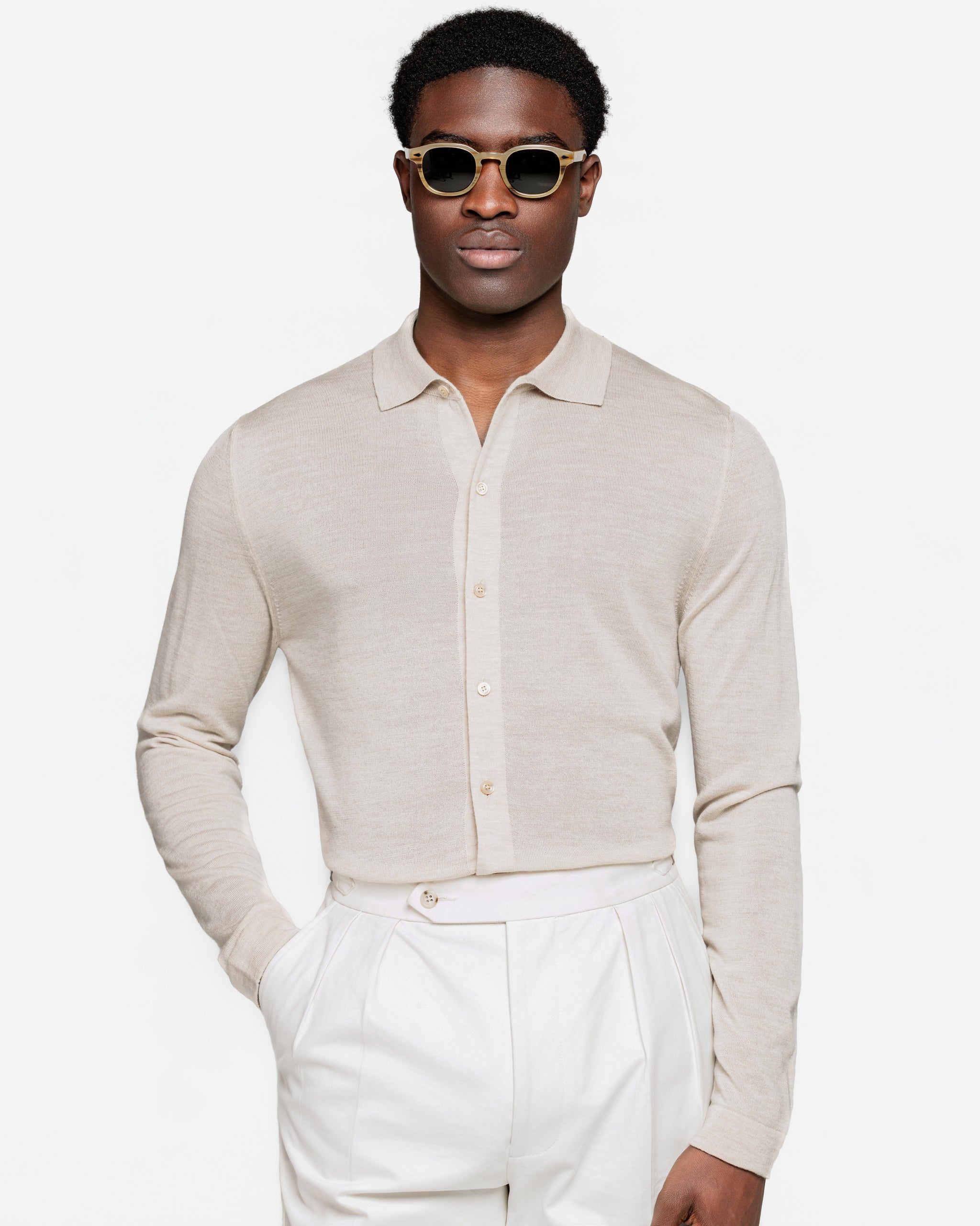 Beige Long Sleeved Shirt Knitwear in Extrafine Merino Wool and Silk | Filatori 