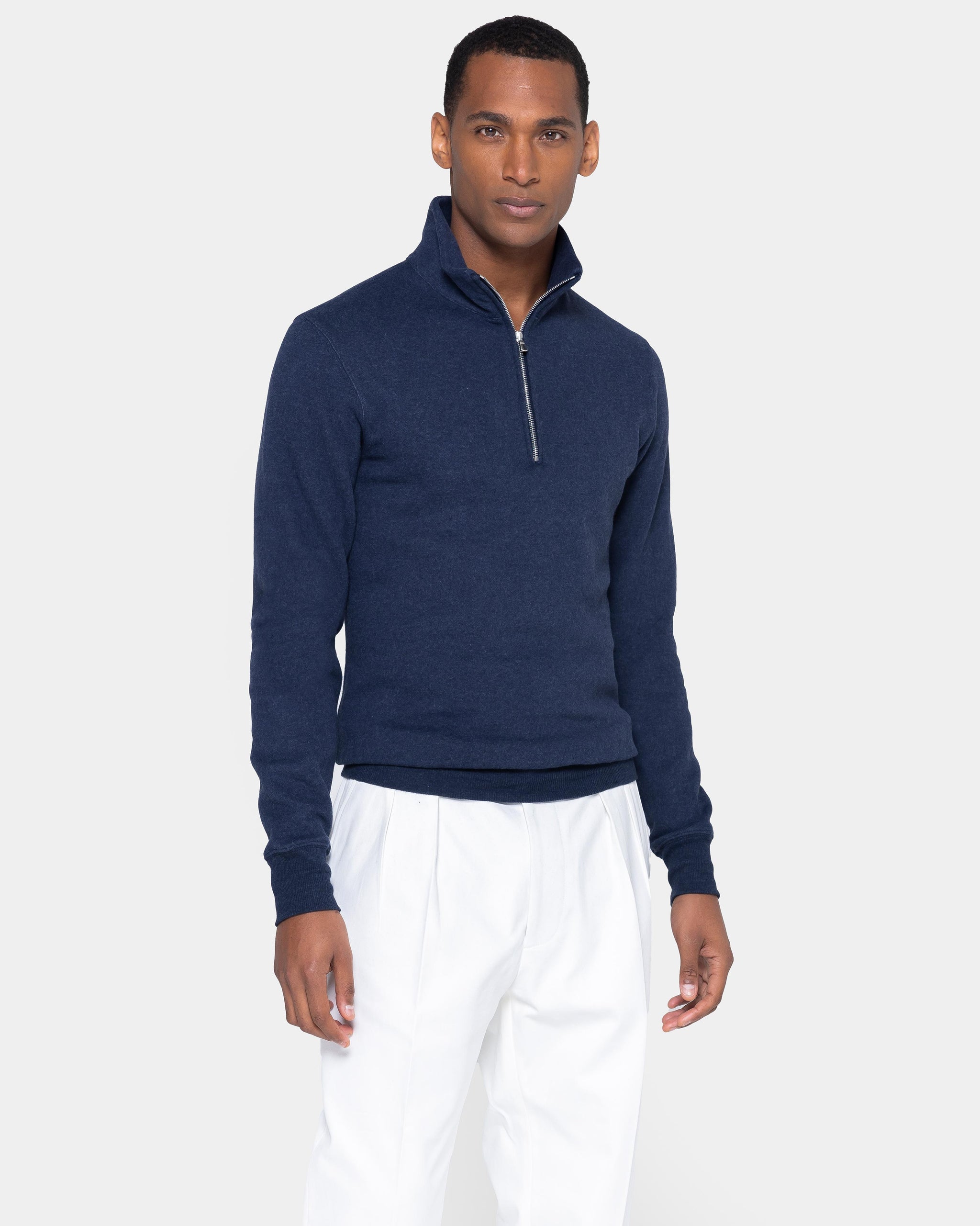 Felpa Mezza Zip Blu Melange Cotone Cashmere | Filatori