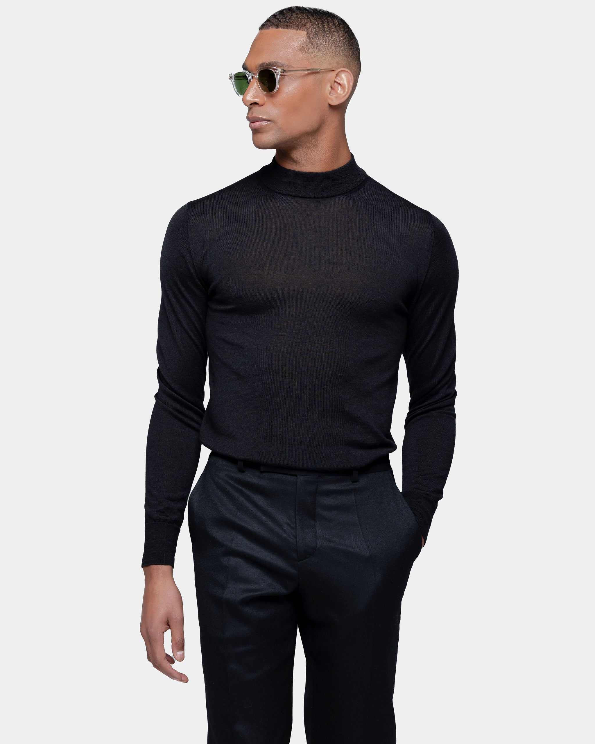 Black Long Sleeved Highneck Knitwear in Cashmere Mulberry Silk | Filatori