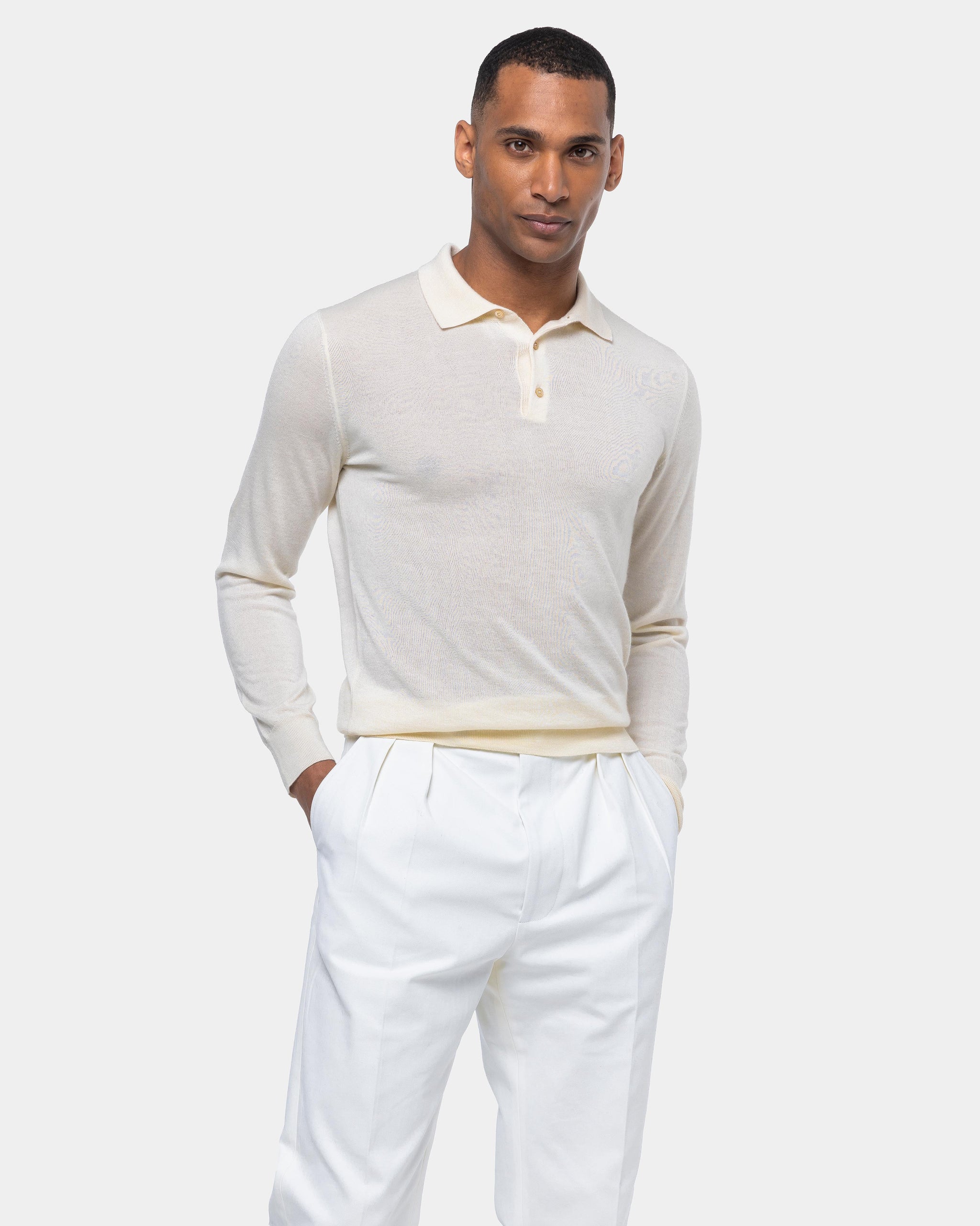 Pearl White Long Sleeved Polo Knitwear in Cashmere Mulberry Silk | Filatori