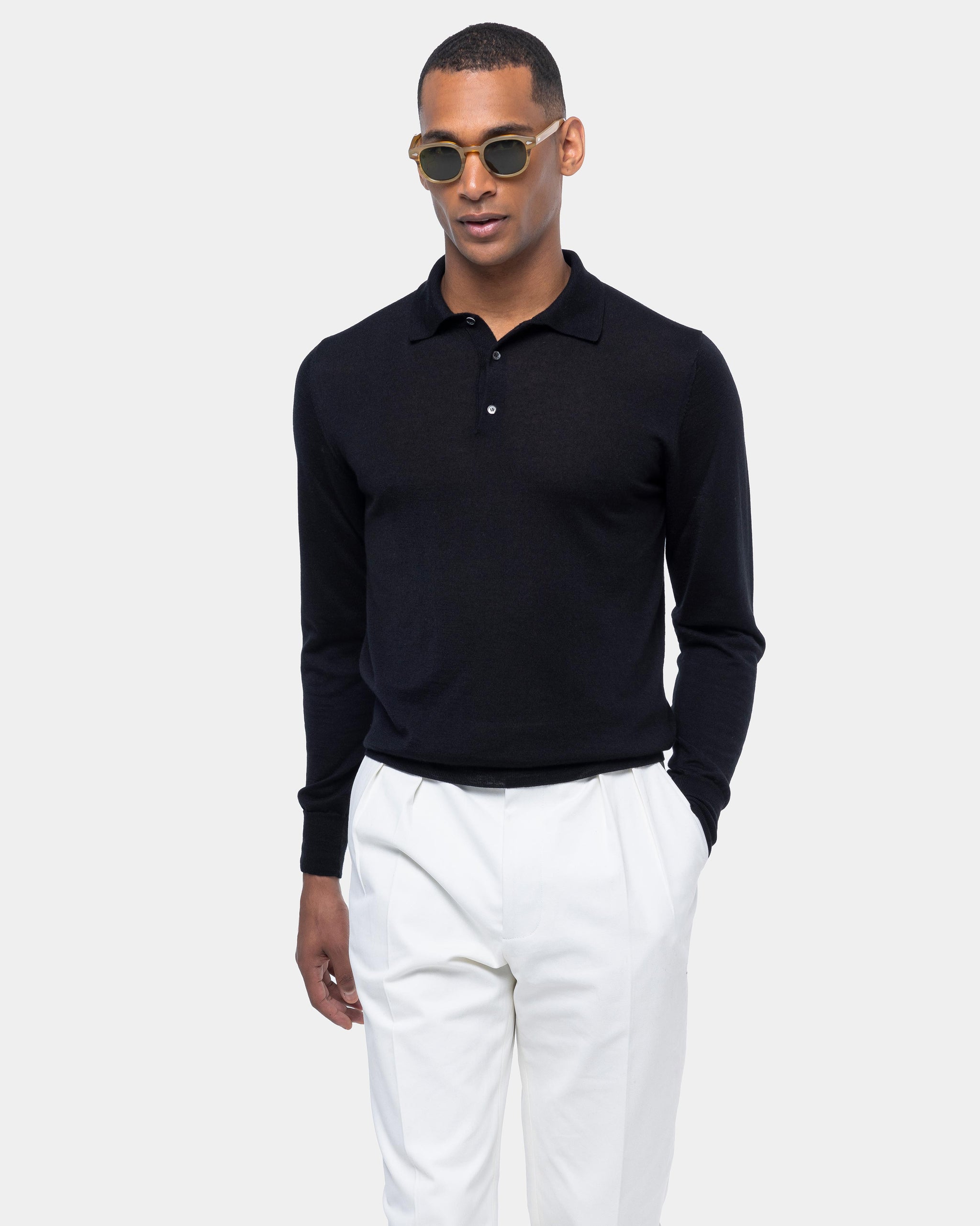 Maglia manica lunga Polo tinta unita Nero Cashmere Seta | Filatori