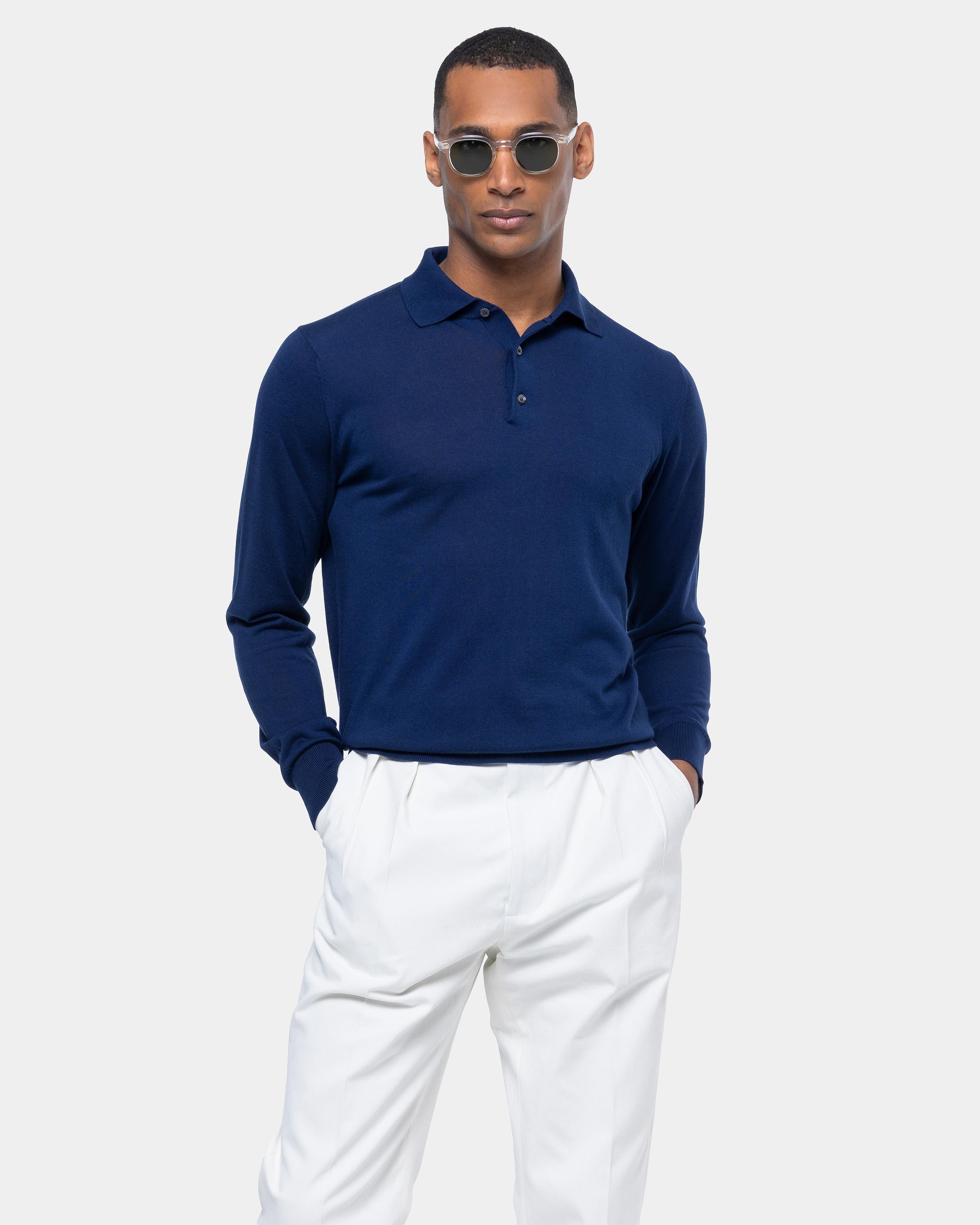 Blue Long Sleeved Polo Knitwear in Organic Cotton Mulberry Silk | Filatori