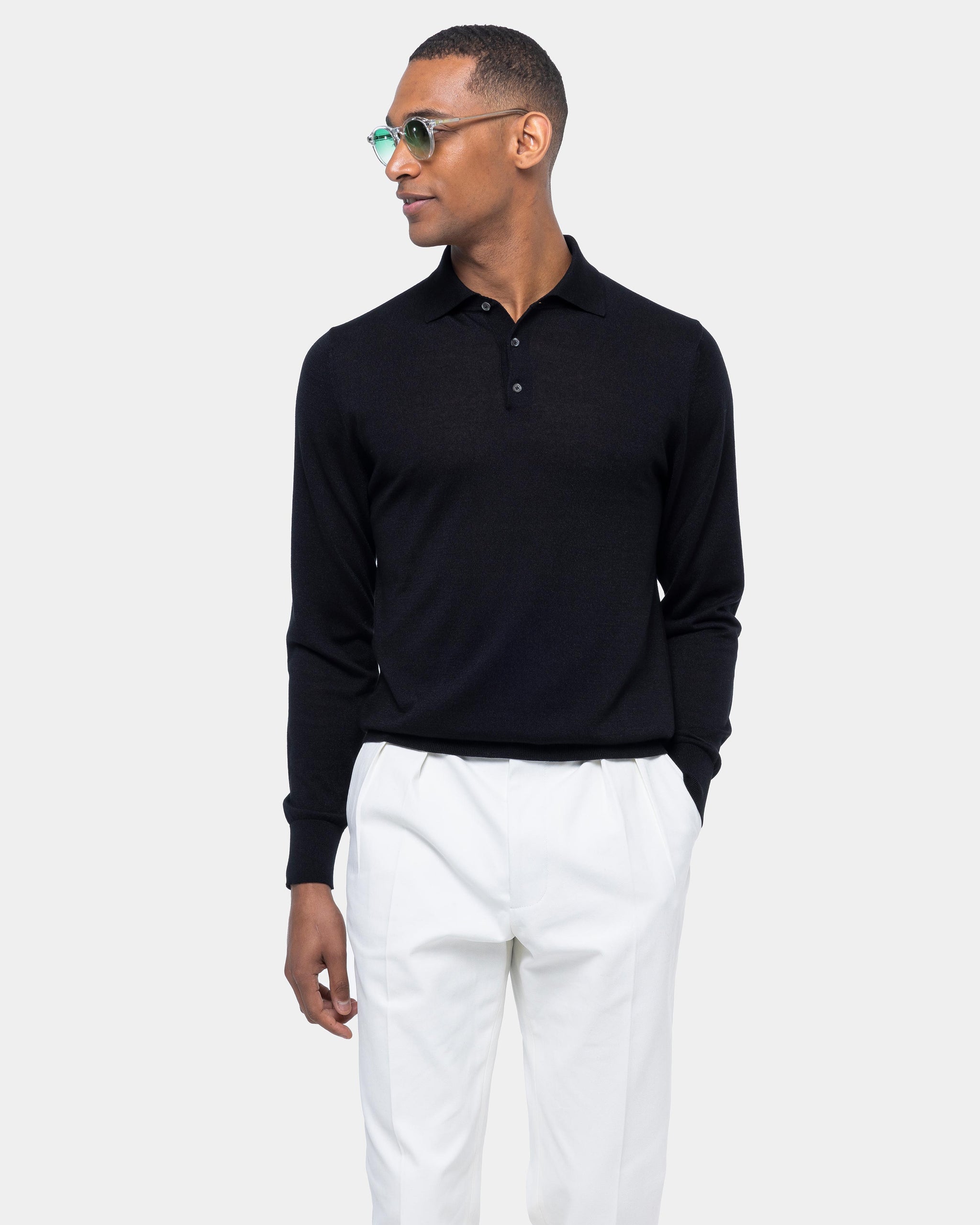 Black Long Sleeved Polo Knitwear in Organic Cotton Mulberry Silk | Filatori