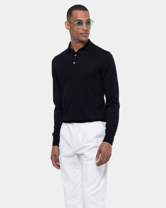 Black Long Sleeved Polo Knitwear in Organic Cotton Mulberry Silk | Filatori