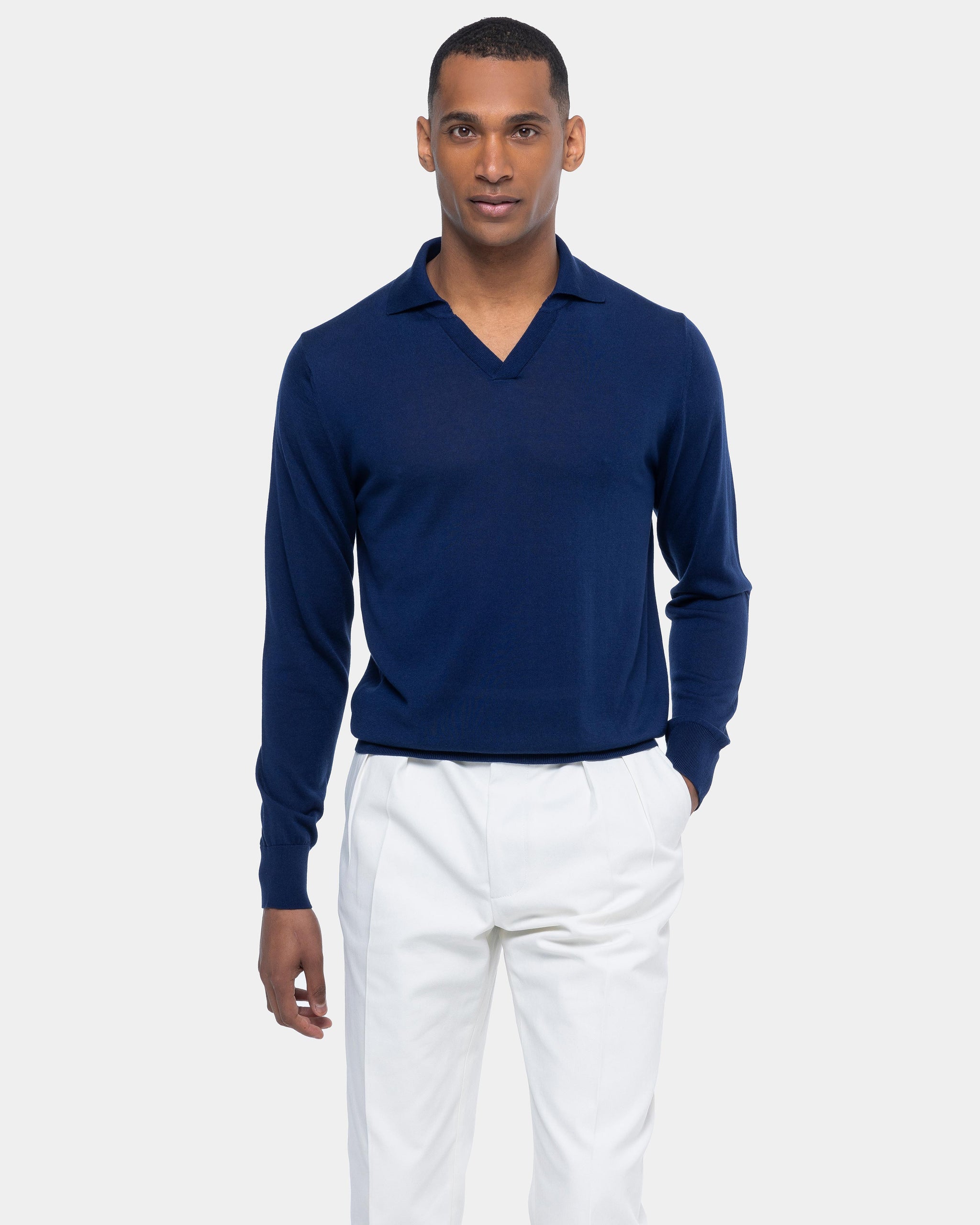 Blue Long Sleeved Buttonless Polo Knitwear in Organic Cotton Mulberry Silk | Filatori