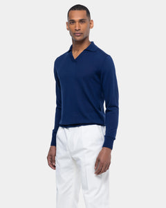 Blue Long Sleeved Buttonless Polo Knitwear in Organic Cotton Mulberry Silk | Filatori