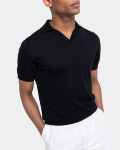 Black Short Sleeve Buttonless Polo Knitwear in Organic Cotton Mulberry Silk | Filatori