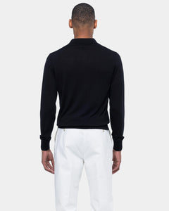 Black Long Sleeved Buttonless Polo Knitwear in Organic Cotton Mulberry Silk | Filatori