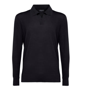 Black Long Sleeved Buttonless Polo Knitwear in Organic Cotton Mulberry Silk | Filatori