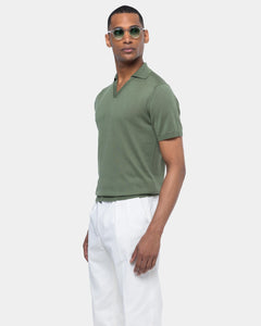 Military green Short Sleeve Buttonless Polo Knitwear in Organic Cotton Mulberry Silk | Filatori