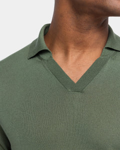 Military green Long Sleeved Buttonless Polo Knitwear in Organic Cotton Mulberry Silk | Filatori