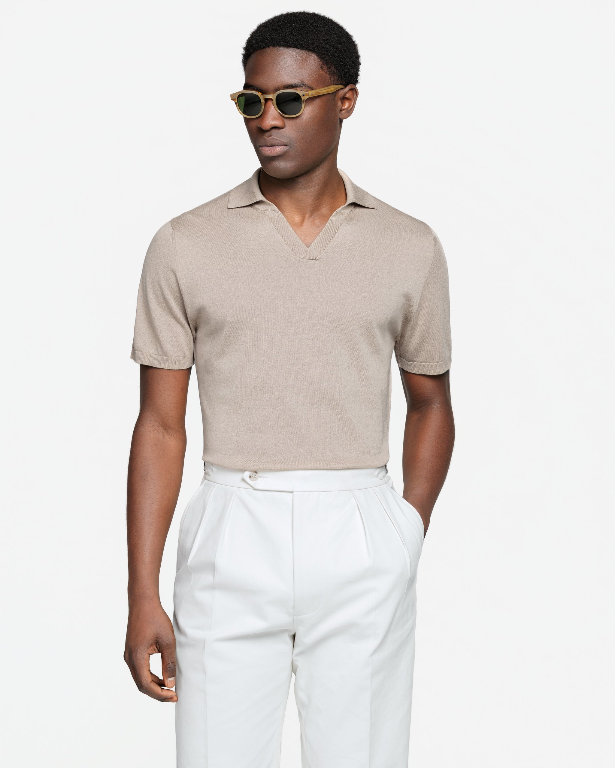 Maglia mezza manica Polo senza bottoni tinta unita mandorla Cotone biologico e Seta Mulberry | Filatori