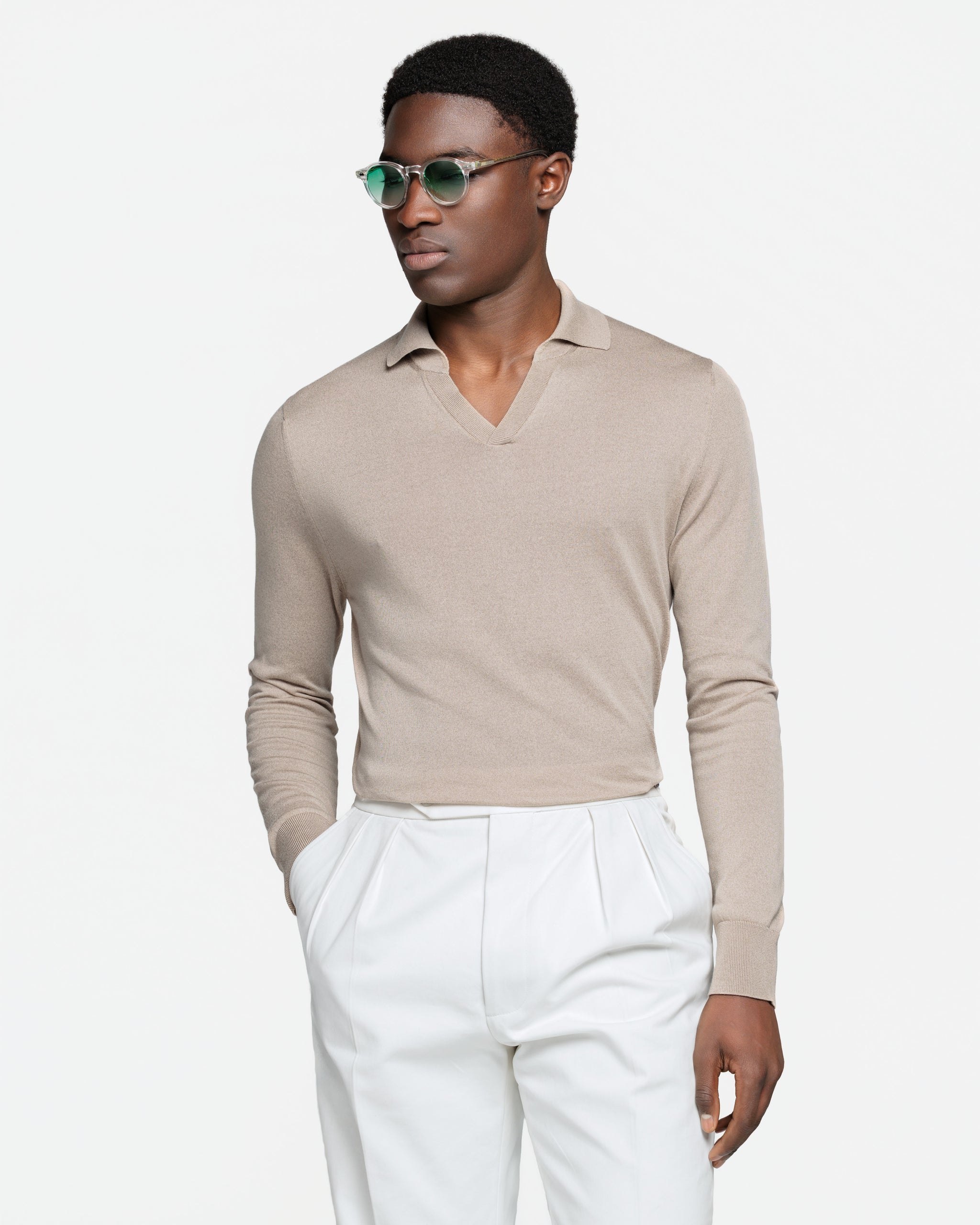Maglia manica lunga Polo senza bottoni tinta unita mandorla Cotone biologico e Seta Mulberry | Filatori
