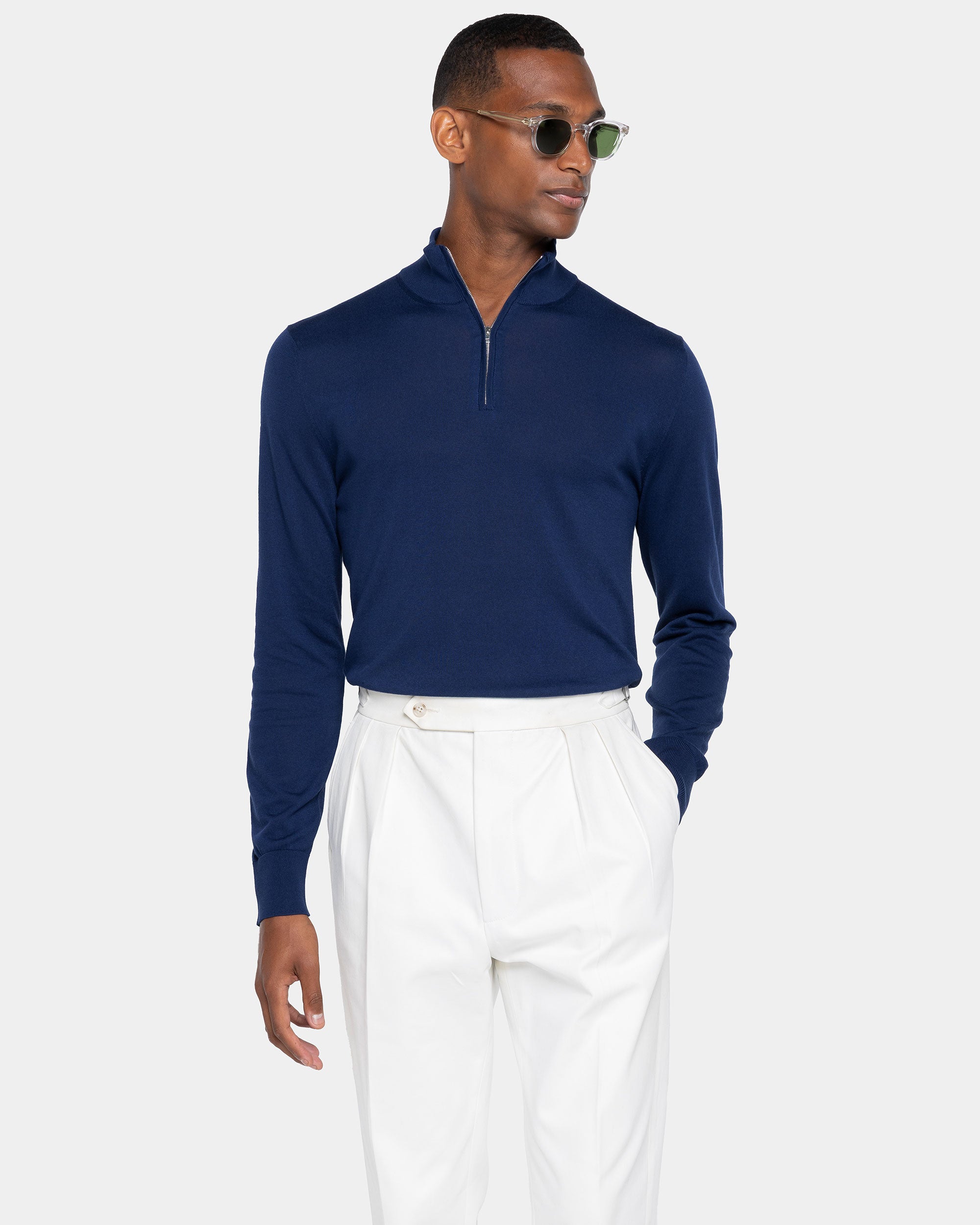 Maglia Lupetto con Zip tinta unita blu marino Cotone biologico e Seta Mulberry | Filatori