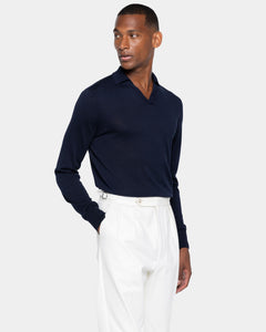 Blue Long Sleeved Buttonless Polo Knitwear in Organic Cotton Mulberry Silk | Filatori