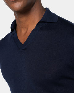Blue Long Sleeved Buttonless Polo Knitwear in Organic Cotton Mulberry Silk | Filatori