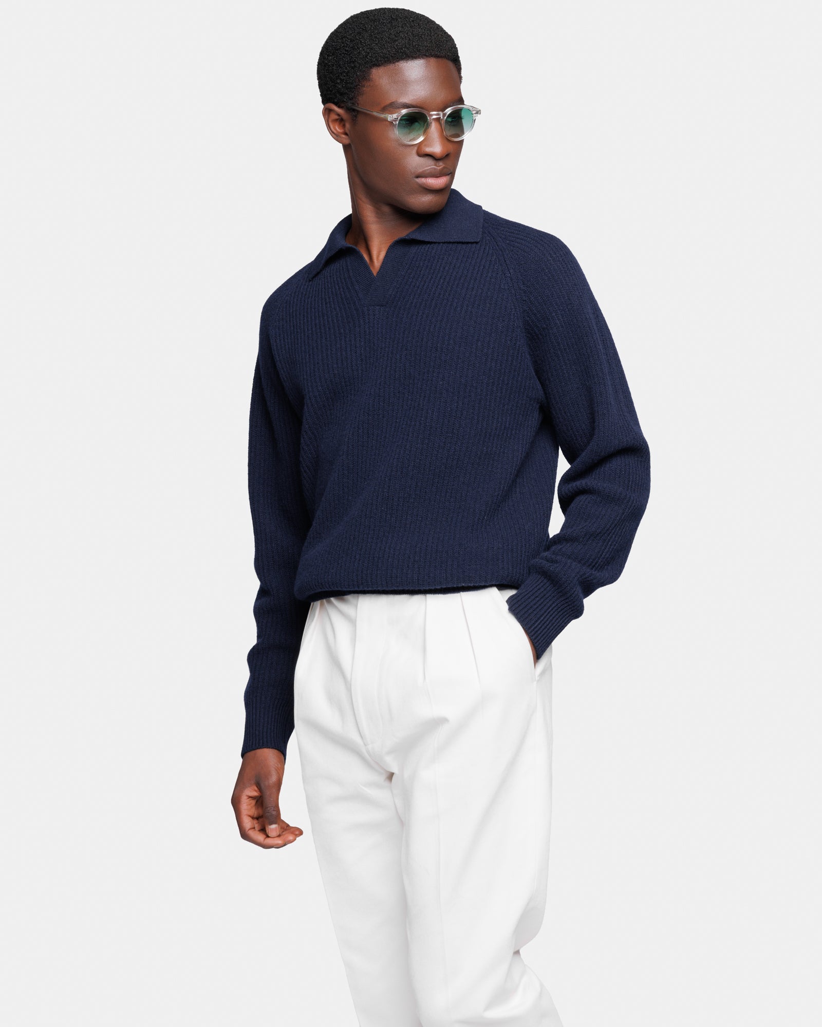 Maglia manica lunga Polo senza bottoni Blu Lana Ultra-Soft Super 100's| Filatori