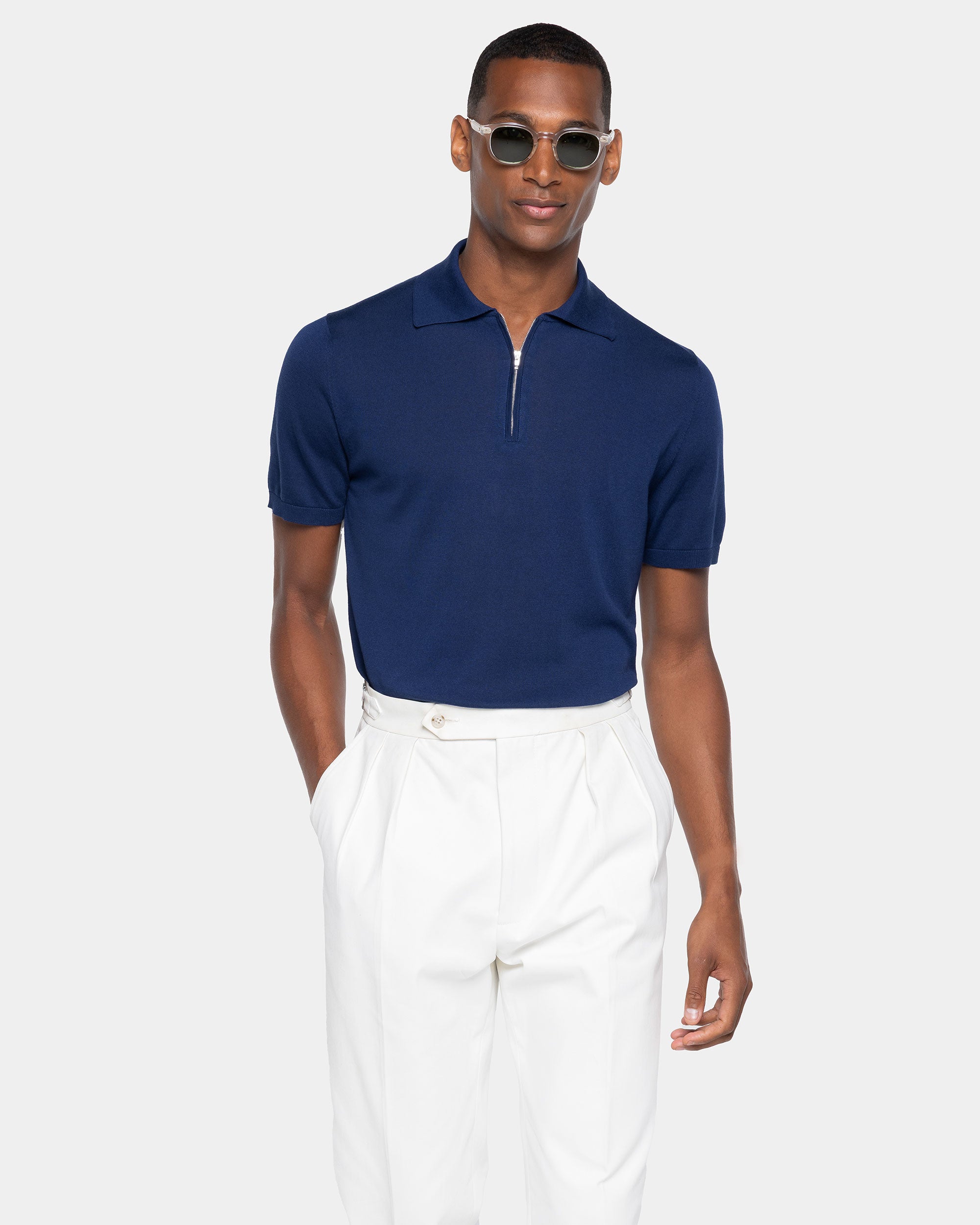 Blue Marine Short Sleeve Zip Polo Knitwear in Organic Cotton Mulberry Silk | Filatori