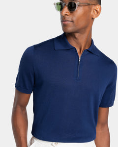 Blue Marine Short Sleeve Zip Polo Knitwear in Organic Cotton Mulberry Silk | Filatori
