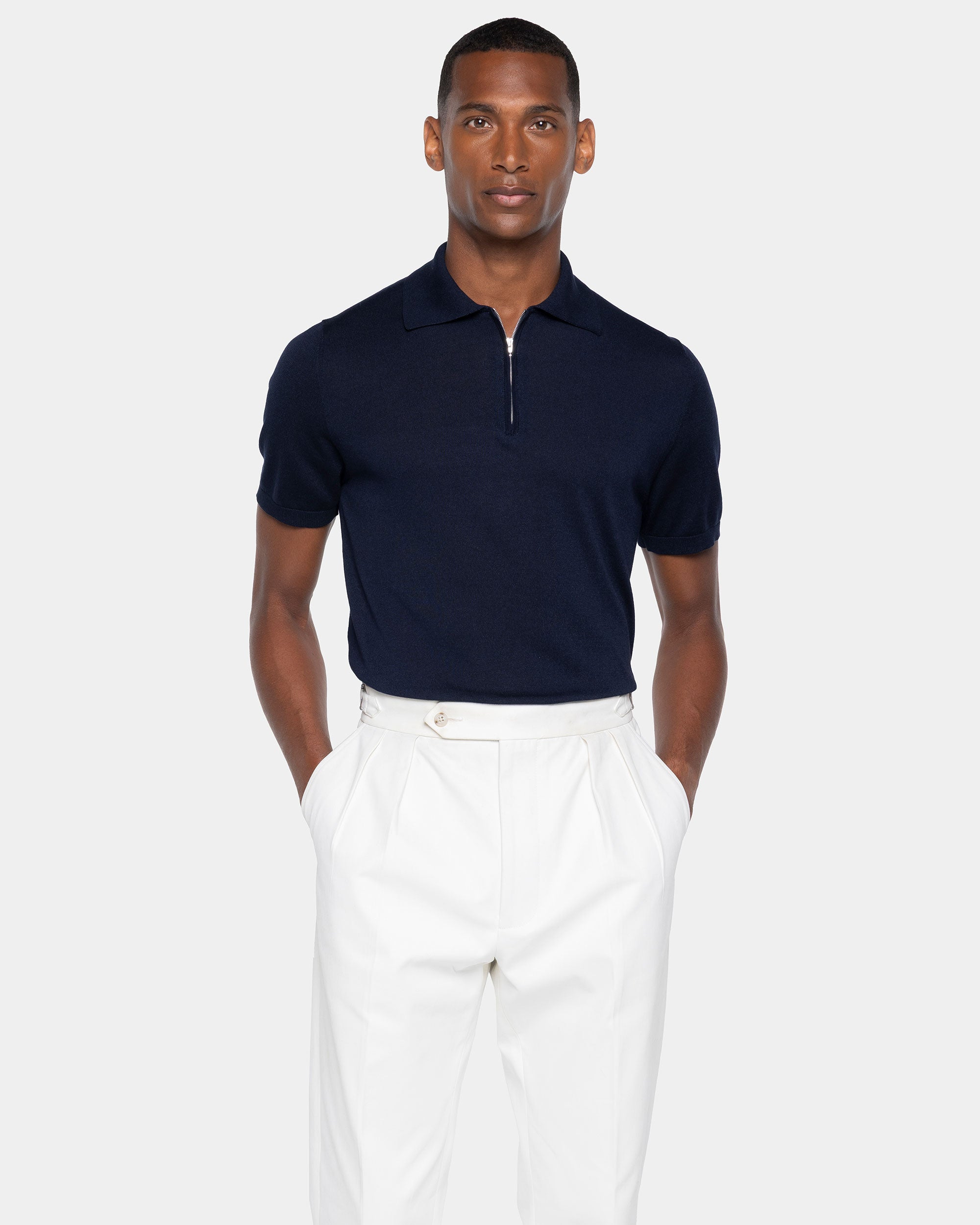 Blue Short Sleeve Zip Polo Knitwear in Organic Cotton Mulberry Silk | Filatori
