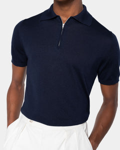 Blue Short Sleeve Zip Polo Knitwear in Organic Cotton Mulberry Silk | Filatori