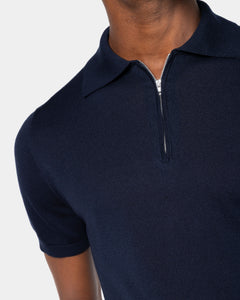 Blue Short Sleeve Zip Polo Knitwear in Organic Cotton Mulberry Silk | Filatori