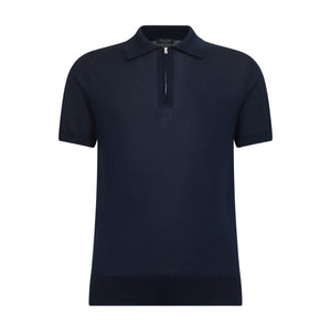 Blue Short Sleeve Zip Polo Knitwear in Organic Cotton Mulberry Silk | Filatori