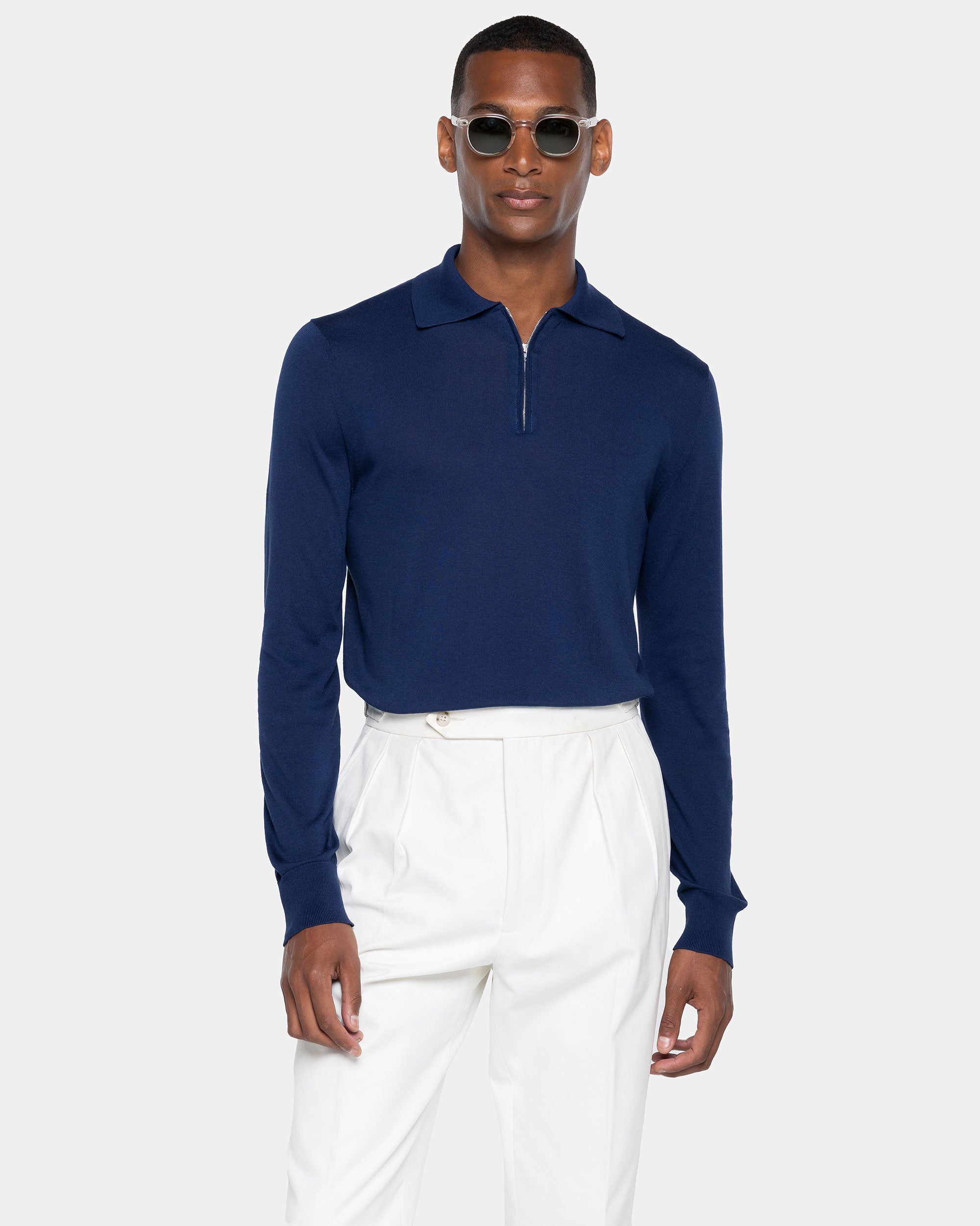 Maglia manica lunga Polo Zip tinta unita blu marino Cotone biologico e Seta Mulberry | Filatori