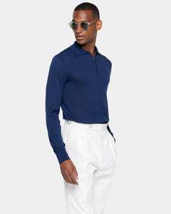 Maglia manica lunga Polo Zip tinta unita blu marino Cotone biologico e Seta Mulberry | Filatori