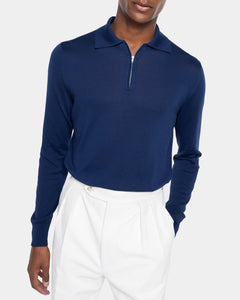 Maglia manica lunga Polo Zip tinta unita blu marino Cotone biologico e Seta Mulberry | Filatori