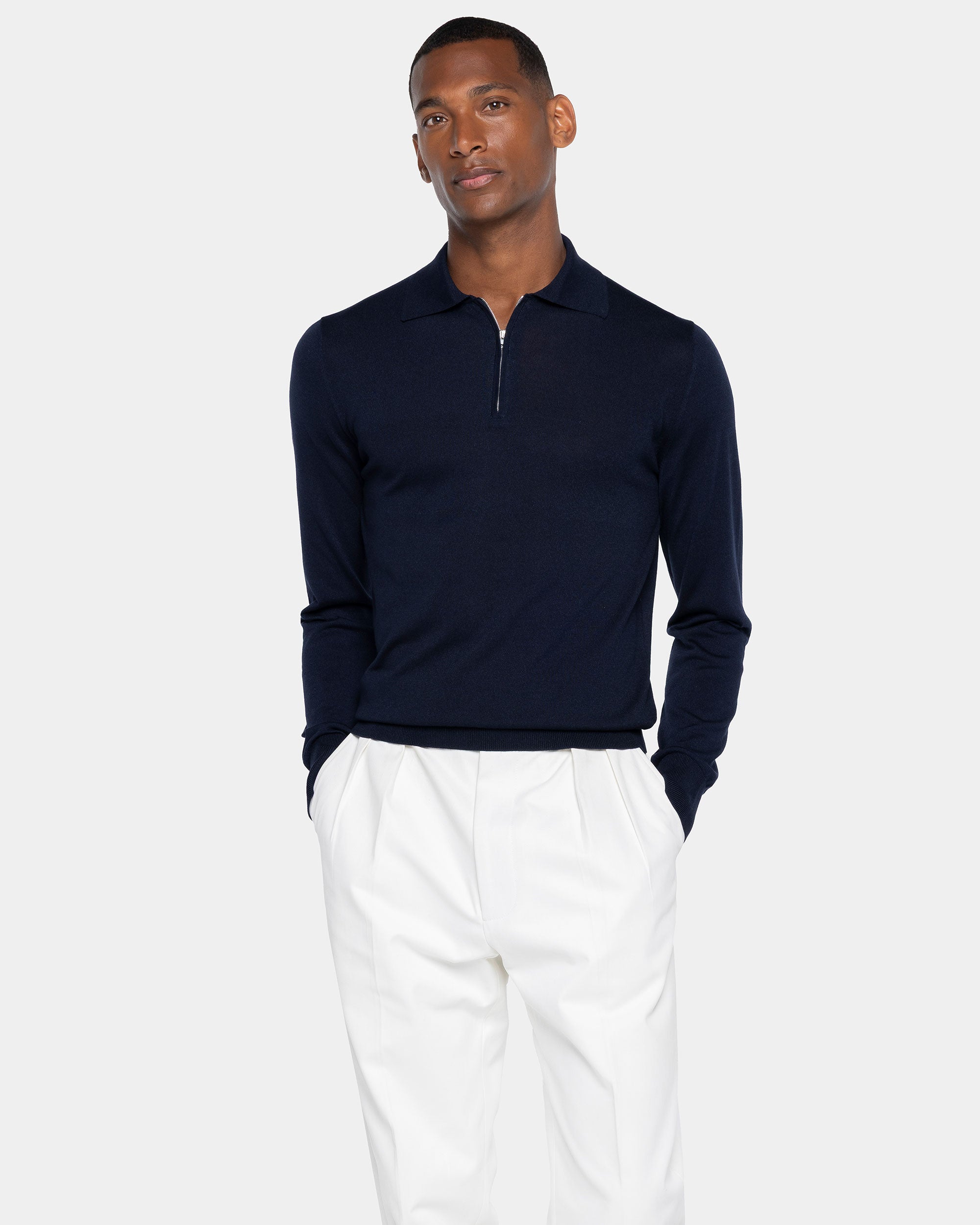 Maglia manica lunga Polo Zip tinta unita blu Cotone biologico e Seta Mulberry | Filatori