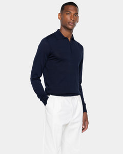 Maglia manica lunga Polo Zip tinta unita blu Cotone biologico e Seta Mulberry | Filatori