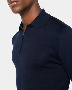 Maglia manica lunga Polo Zip tinta unita blu Cotone biologico e Seta Mulberry | Filatori