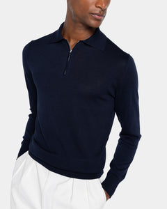 Maglia manica lunga Polo Zip tinta unita blu Cotone biologico e Seta Mulberry | Filatori