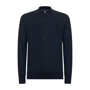 Maglia manica lunga Polo Zip tinta unita blu Cotone biologico e Seta Mulberry | Filatori
