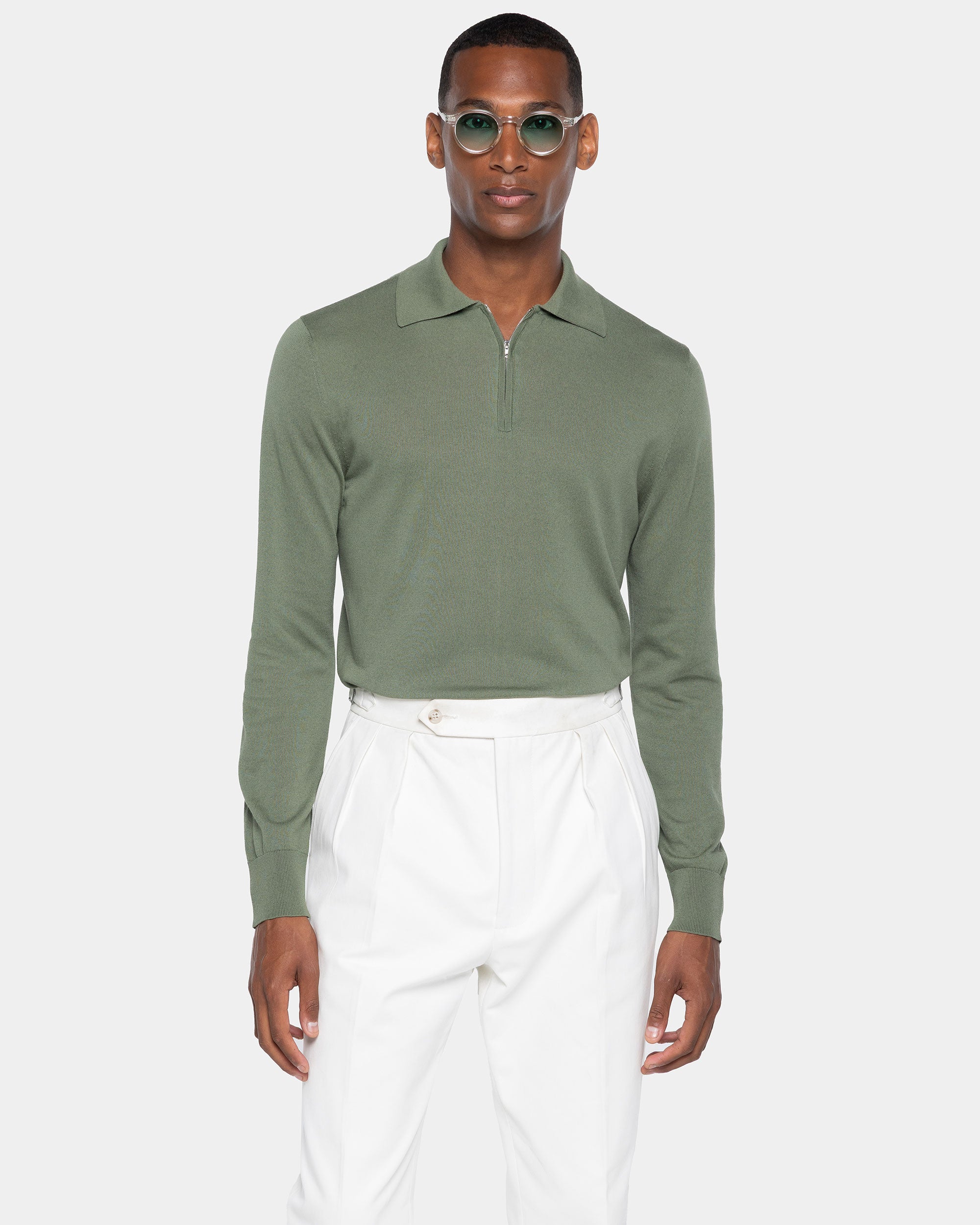 Maglia manica lunga Polo Zip tinta unita verde militare Cotone biologico e Seta Mulberry | Filatori