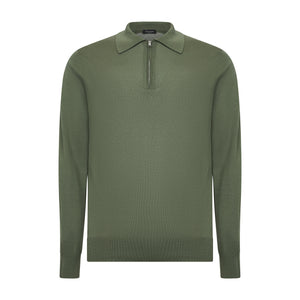 Maglia manica lunga Polo Zip tinta unita verde militare Cotone biologico e Seta Mulberry | Filatori