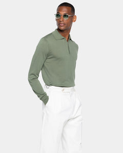 Maglia manica lunga Polo Zip tinta unita verde militare Cotone biologico e Seta Mulberry | Filatori