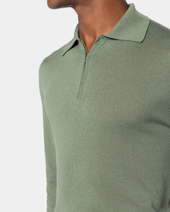 Maglia manica lunga Polo Zip tinta unita verde militare Cotone biologico e Seta Mulberry | Filatori