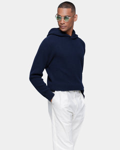 Blue Long Sleeve Hoodie in Super 100's Carded Wool | Filatori