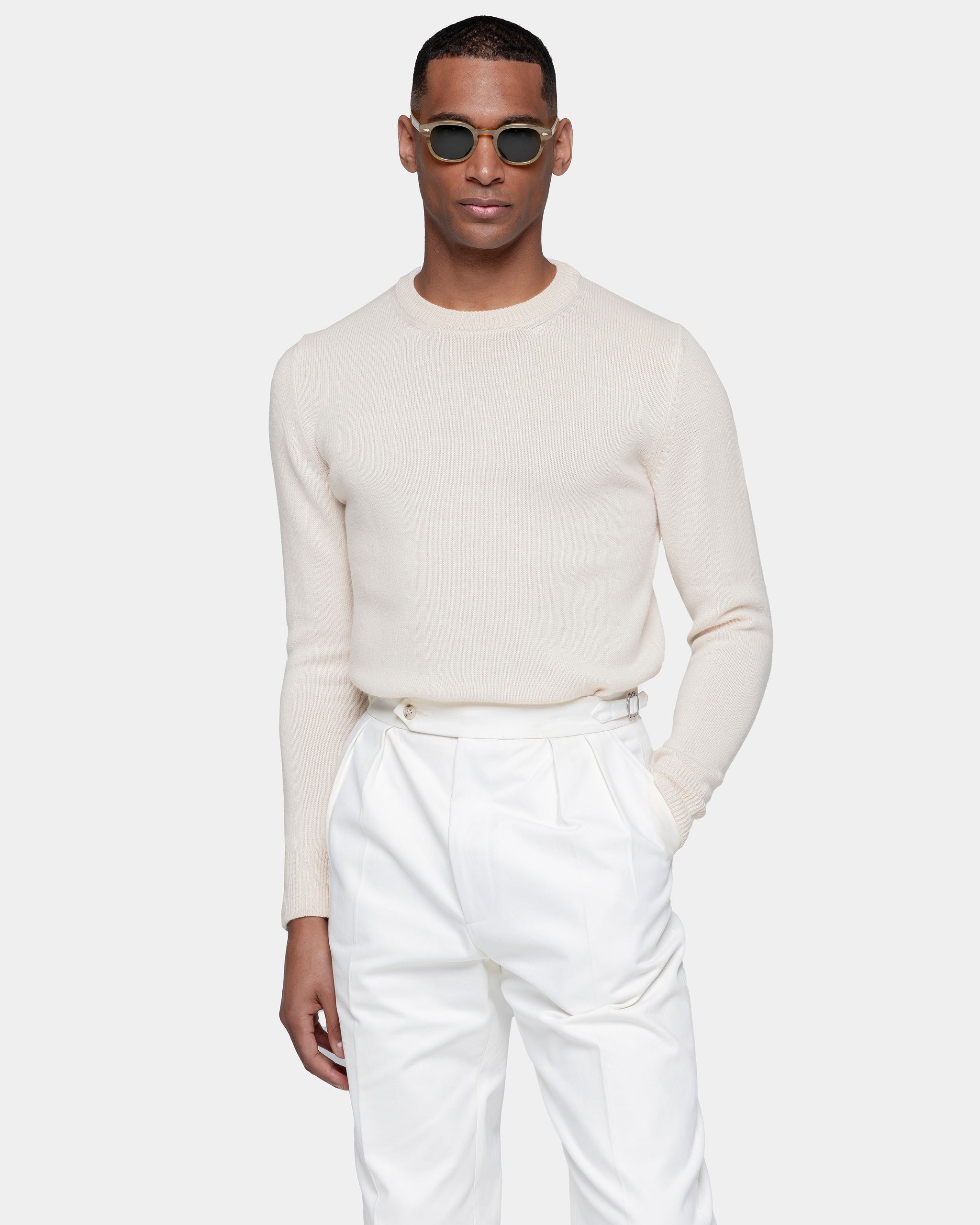 Off White Long Sleeved Crewneck Knitwear in Wool Cashmere | Filatori