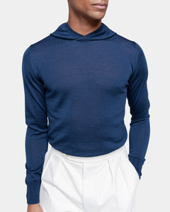 Blue Long Sleeved Hoodie Knitwear in Extrafine Merino Wool and Silk | Filatori