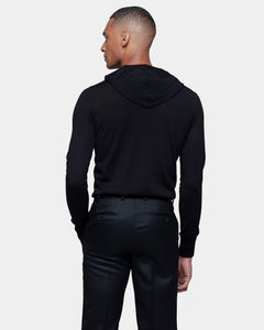 Black Long Sleeved Hoodie Knitwear in Extrafine Merino Wool and Silk | Filatori