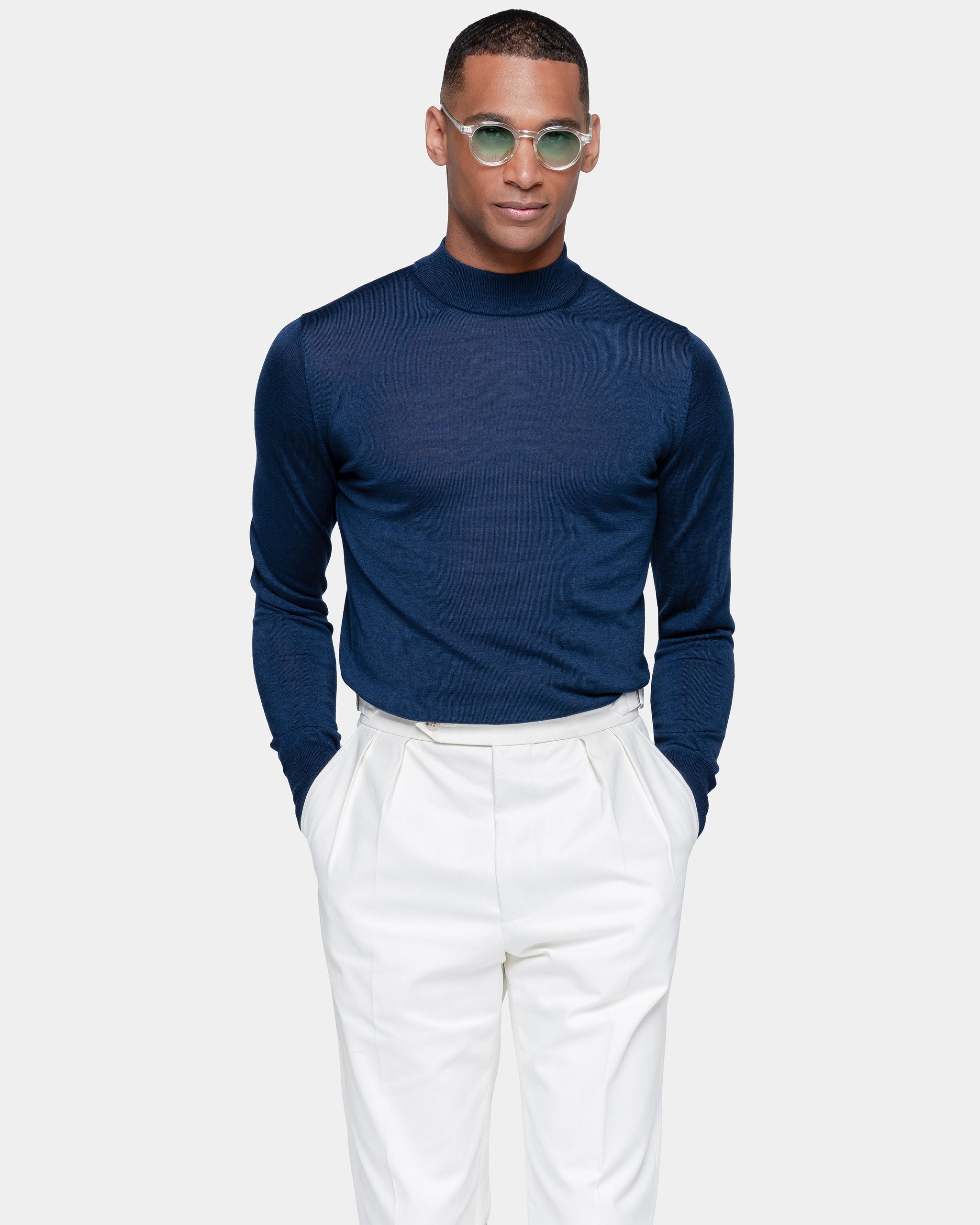 Blue Long Sleeved Highneck Knitwear in Extrafine Merino Wool and Silk | Filatori