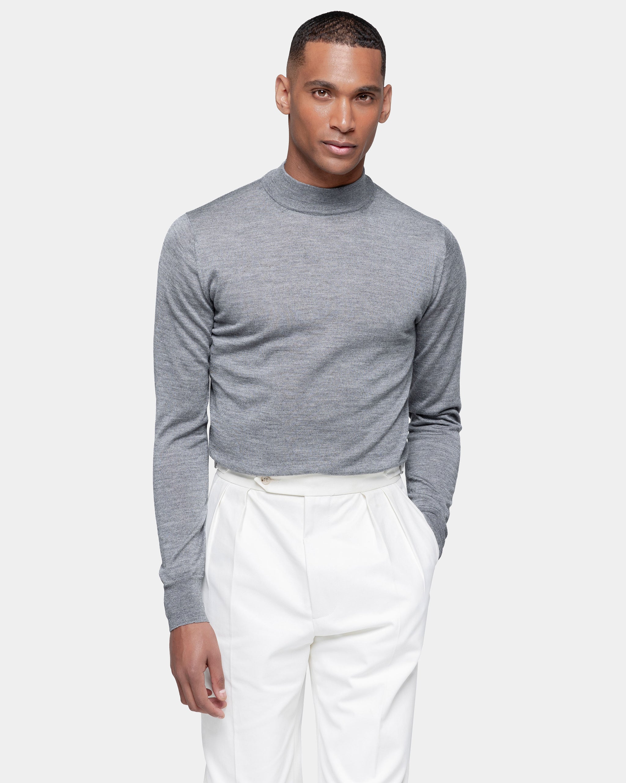 Grey Long Sleeved Highneck Knitwear in Extrafine Merino Wool and Silk | Filatori