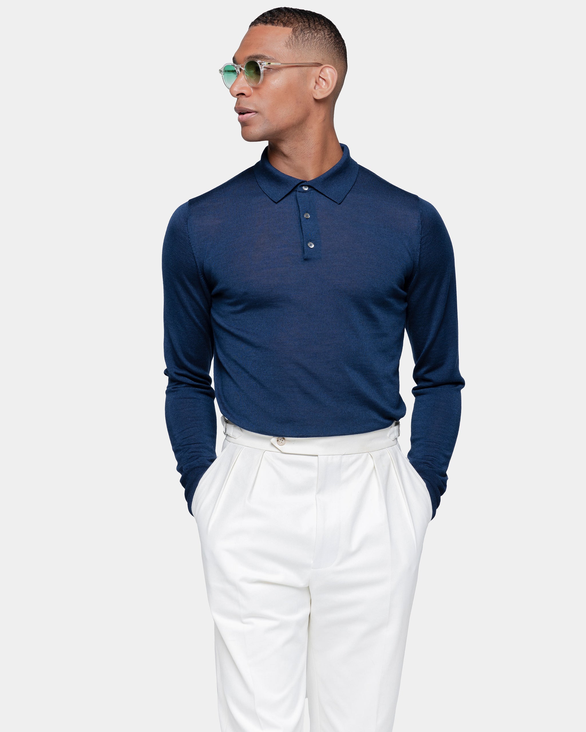 Blue Long Sleeved Polo Knitwear in Extrafine Merino Wool and Silk | Filatori