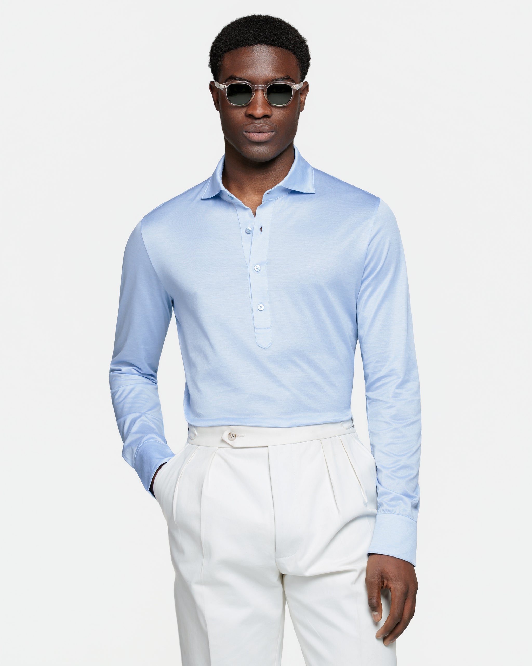 Light Blue Long Sleeve Polo Shirt 100% Cotton Micro Piqué 120/2 | Filatori