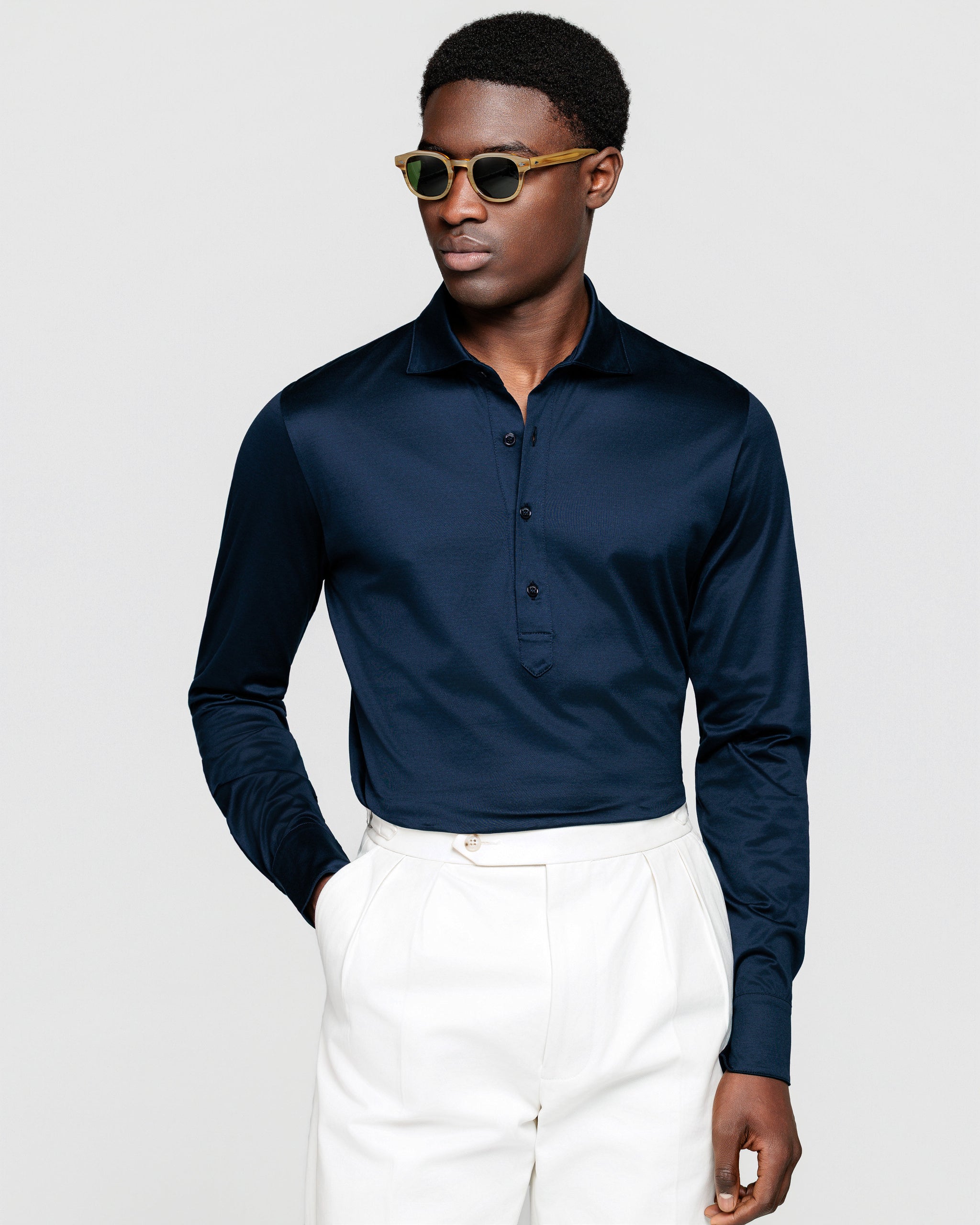 Polo Camicia manica lunga tinta unita Blu 100% Cotone egiziano | Filatori