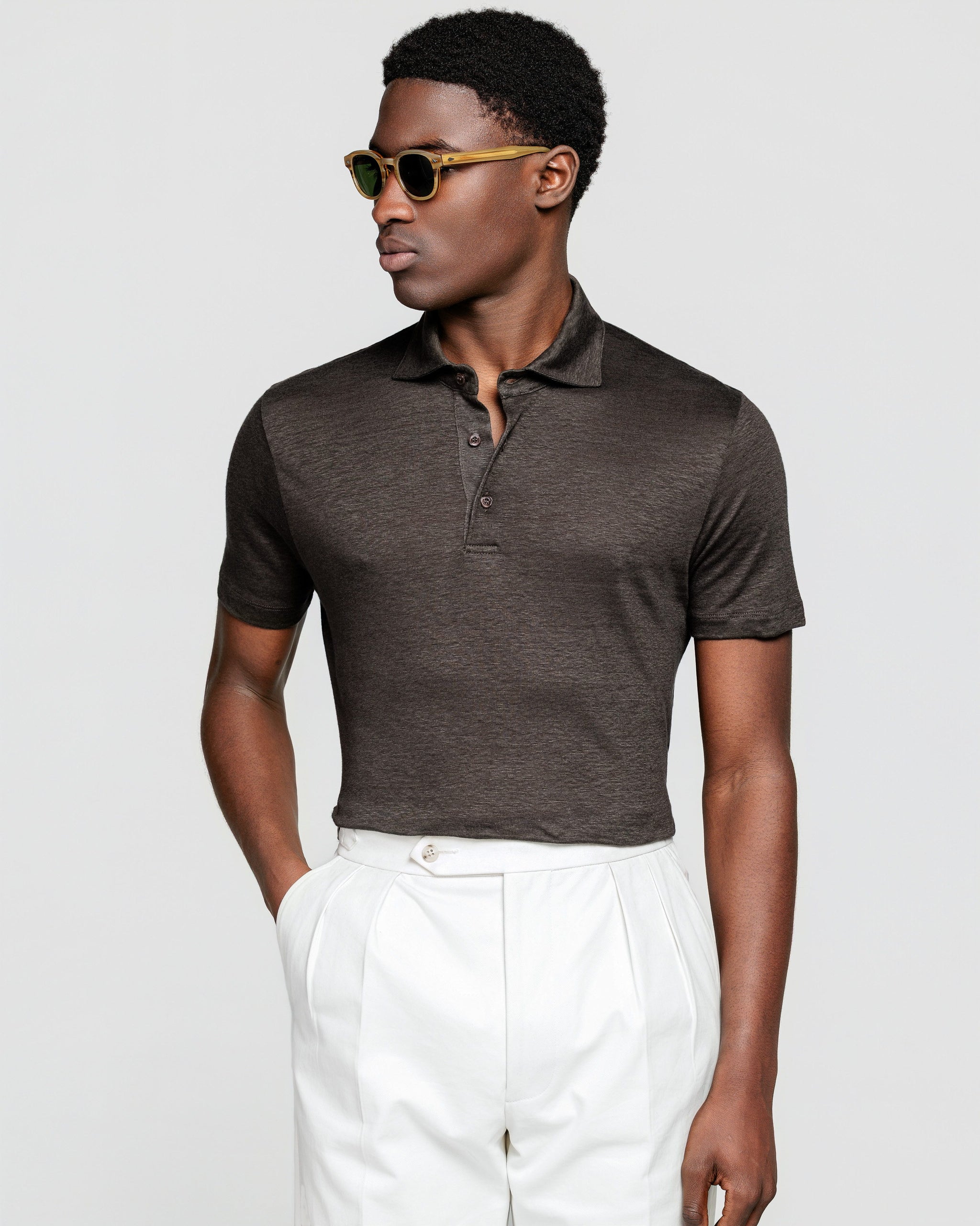 Brown Short Sleeve Classic Three-Button Polo 100% Masters of Linen | Filatori