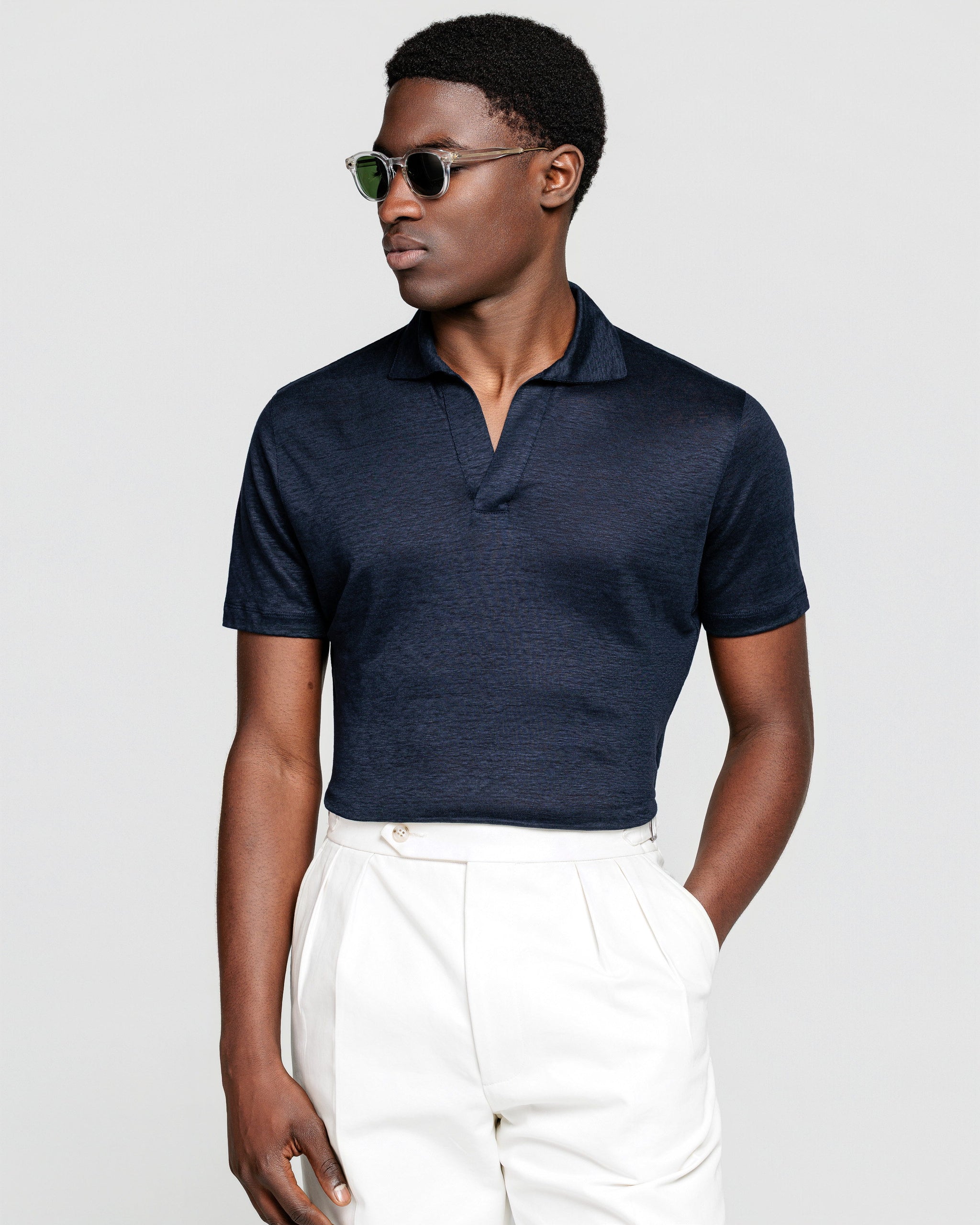 Blue Short Sleeve Buttonless Polo 100% Masters of Linen | Filatori